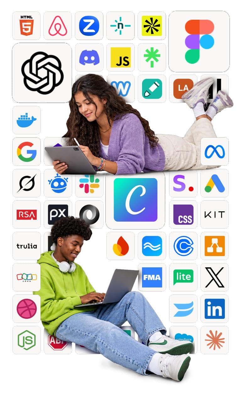 Logos of the 125+ design, development and productivity tools students use