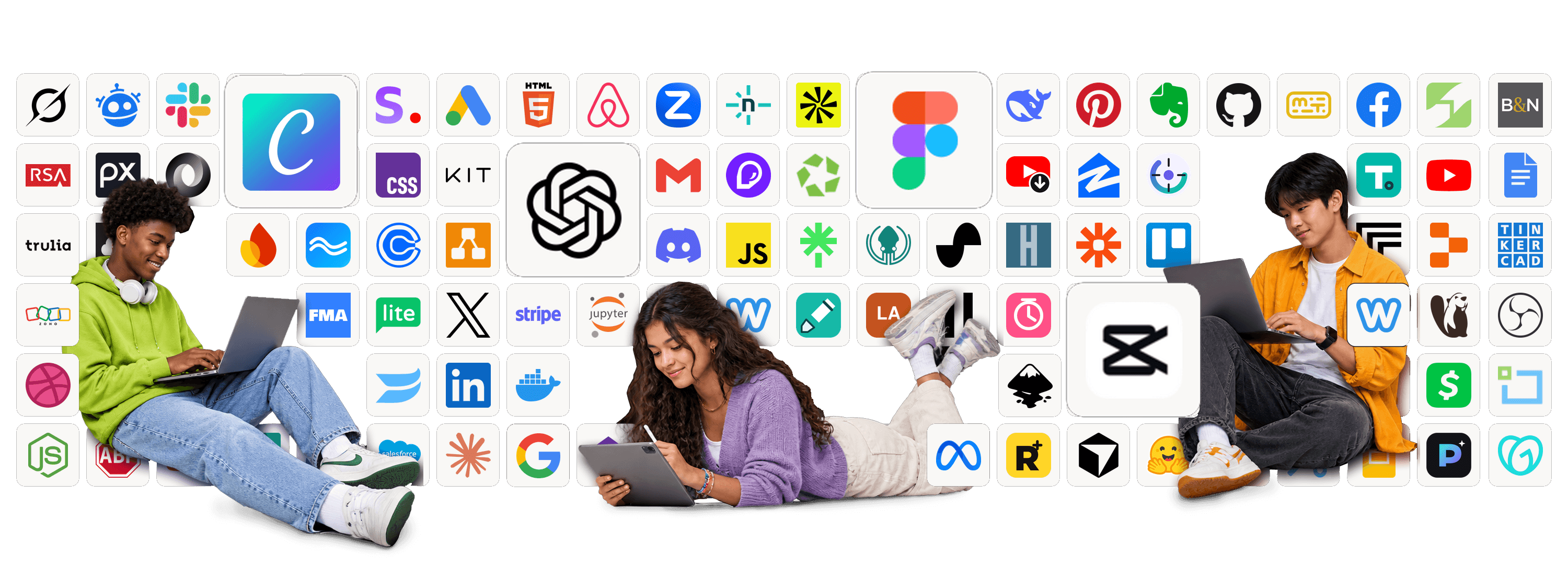 Logos of the 125+ design, development and productivity tools students use